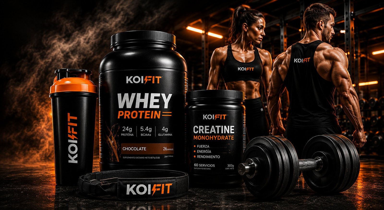 Productos KoiFit Store: whey protein, creatina y accesorios de entrenamiento